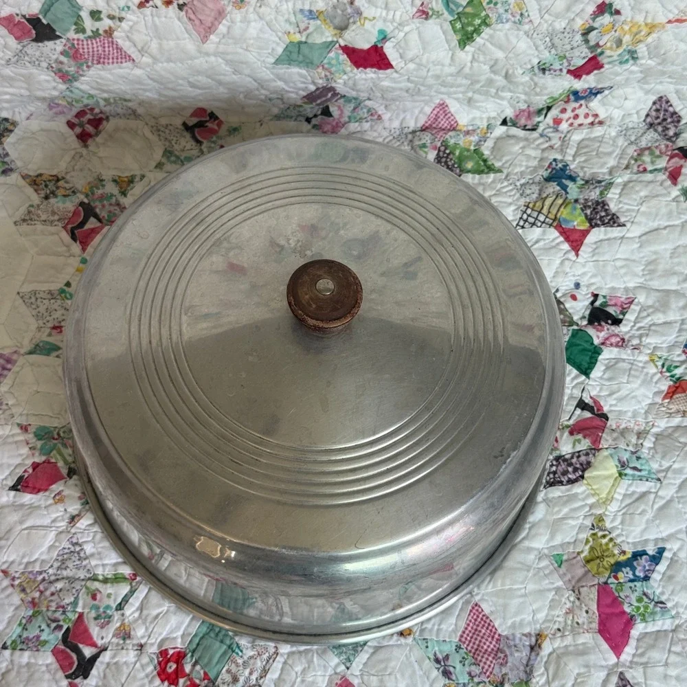 Vintage Spun Aluminum Cake Carrier Dome Cover with Wood Knob 10 Inch MCM Retro